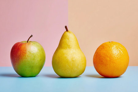 Three fresh fruits, an apple, a pear, and an orange, rest on a table with colorful backgrounds.の素材