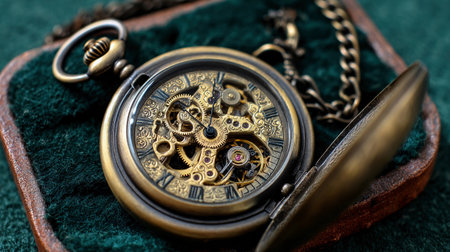 A pocket watch is open, showing its detailed gears. It rests on dark green felt in a close-up view.の素材