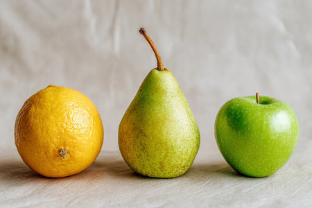 Fresh fruits including an orange, pear, and green apple sit on a light background. They show simple shapes and colors.の素材