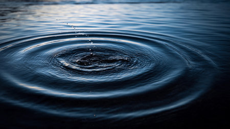 Water reflects light as drops fall and create ripples on the surface in a calm location.の素材