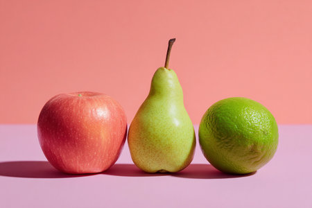 A still life shows fresh apple, pear, and lime arranged on a flat surface against a pink background.の素材
