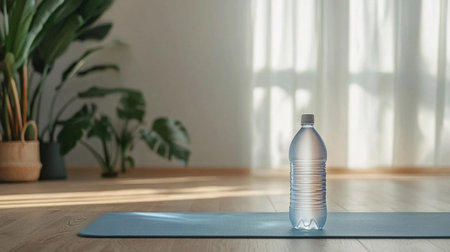A water bottle stands on a mat in a room with wooden floors and plants, ideal for workout sessions.の素材