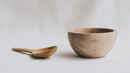 A wooden bowl sits next to a wooden spoon on a soft white background, ready for use in a meal.の素材