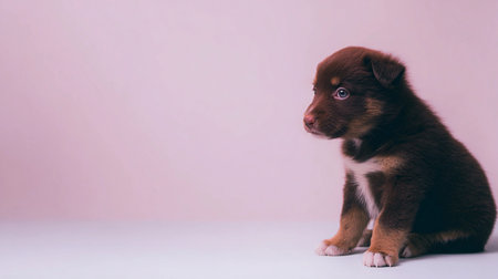 A small puppy sits on the left side of a pastel background, looking around and showing interest in its surroundings.の素材