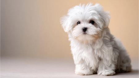 A small puppy sits on the left side of a pastel background. The puppy looks curious and attentive.の素材