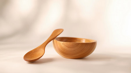 A wooden spoon rests beside a round wooden bowl on a soft white background ready for serving food.の素材