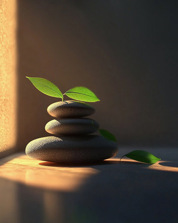 Spa stones are stacked with leaves placed on top, illuminated by soft natural light streaming in.の素材