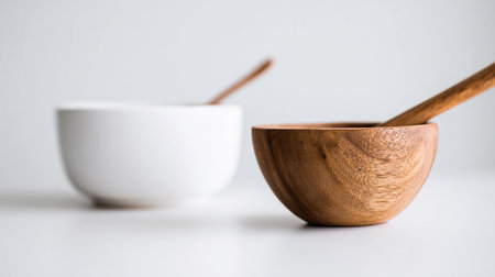 A spoon rests inside a wooden bowl while a second bowl is seen nearby on a white background.の素材