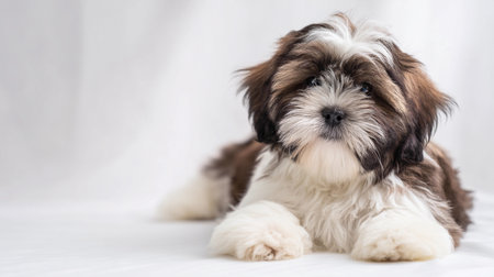 A small puppy sits on a soft surface in a bright room, looking curiously at its surroundings.の素材