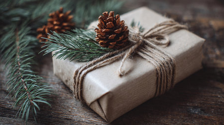 A gift box is wrapped in kraft paper and tied with twine, placed on a wooden surface with pine elements.の素材