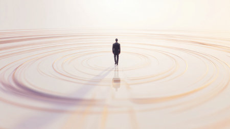 A figure is positioned at the center of swirling lines on a smooth surface with soft light all around.の素材