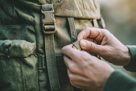 Hands work to adjust straps on a travel bag in a natural setting during daylight hours.の素材