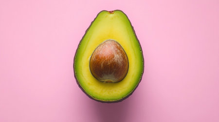 A half avocado is placed on a pastel background showing the inside and seed clearly.の素材