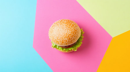 A burger with lettuce sits in the center of a vivid pastel background. Soft shadows create a simple look.の素材