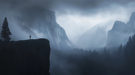 A person stands alone on a cliff with mountains and trees surrounding them under gray clouds.の素材