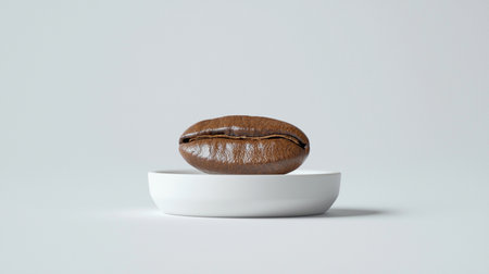 A coffee bean sits alone on a white plate in a simple setting with soft lighting and no distractions.の素材