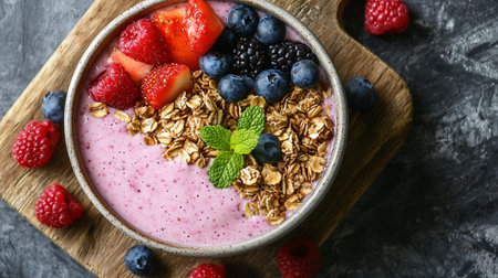 Granola and assorted fruits sit in a bowl on a wooden board, ready for a morning meal.の素材