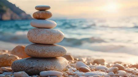 Stones stacked on a beach at sunrise with warm light shining on the water and shoreline.の素材