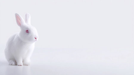 A white rabbit sits on the left side of a light surface looking alert and calm in the bright light.の素材