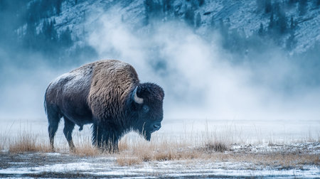 Buffalo stands in a snowy Yellowstone field as steam rises from its breath in the cold air.の素材