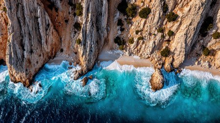 A view shows coastal cliffs next to the turquoise sea with waves crashing on the shore and rocks visible below.の素材