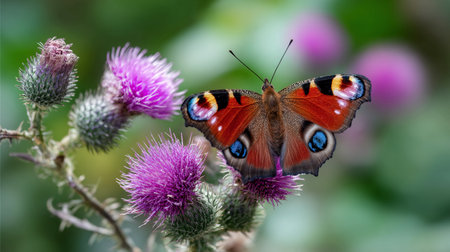 Butterfly rests on thistle flower in a summer meadow, showing vibrant colors and fine details of nature.の素材