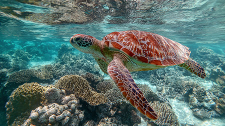 A turtle glides gently among colorful coral formations while exploring the ocean.の素材