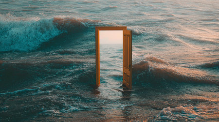 A door stands in the middle of ocean waves with water hitting the wooden frame.の素材