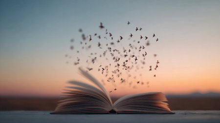 Pages of a book transform into a flock of birds as they fly into the evening sky at sunset.の素材