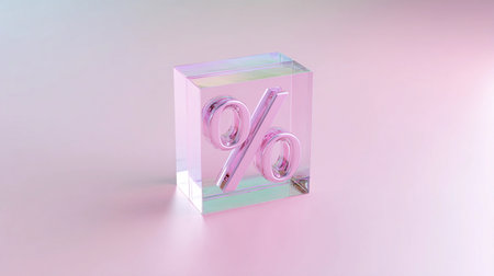 A percentage symbol is placed inside a clear block on a soft light background, showing its shape and design.の素材