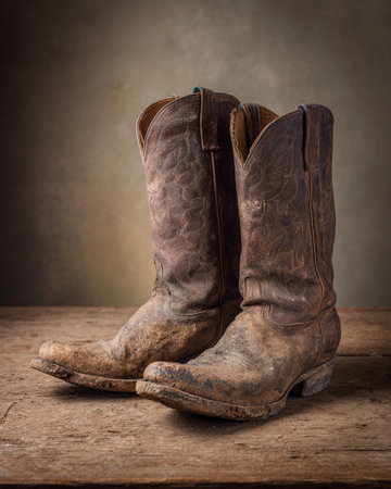 A pair of worn cowboy boots stands on a wooden surface in studio light. Dust and dirt cover the boots.の素材