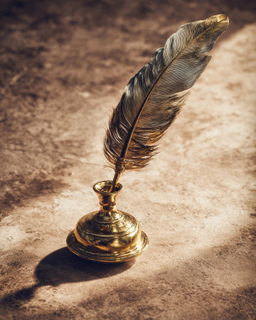 Quill pen stands in brass inkwell on soft parchment in a workspace setting where writing occurs.の素材