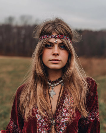 A girl stands in an open field wearing a headband, surrounded by warm tones of nature.の素材