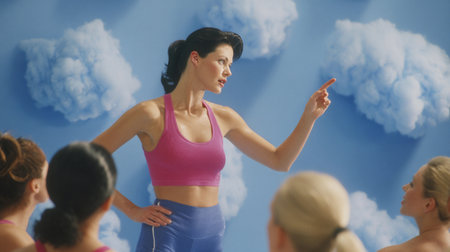 A group learns about clouds from an instructor in a bright space filled with cloud decorations.の素材