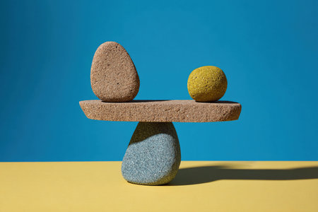 Stones are arranged in a balanced way on a simple surface of yellow and blue colors.の素材