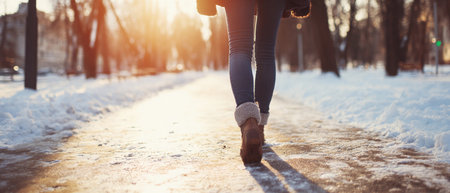 A person walks along a park path as the sun sets, highlighting the absence of snow in winter.の素材