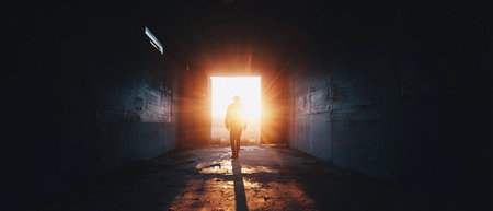 A person is walking away into bright light from a dark area during sunset.の素材