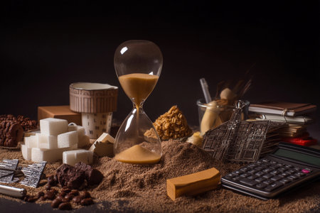 Hourglass shows sand flowing, surrounded by business items like a calculator and documents on a table.の素材