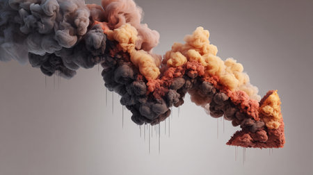 A downward arrow formed from colorful smoke illustrates the idea of economic loss in a creative way.の素材