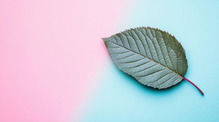 A green leaf is resting on a soft pastel background with colors blending gently.の素材
