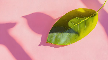A green leaf rests on a pink surface, with a soft shadow visible beneath it from light.の素材