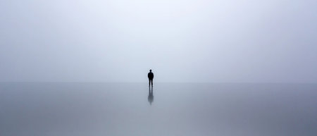 Person appears as a silhouette in thick fog, standing alone in a vast and empty space.の素材