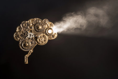 Gears form a brain shape with steam and light, showing a mix of technology and creativity in action.の素材