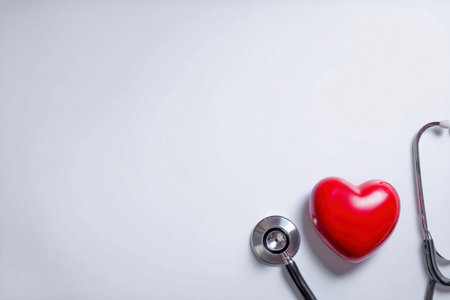 A stethoscope sits next to a red heart shape on a simple background, symbolizing health and care.の素材