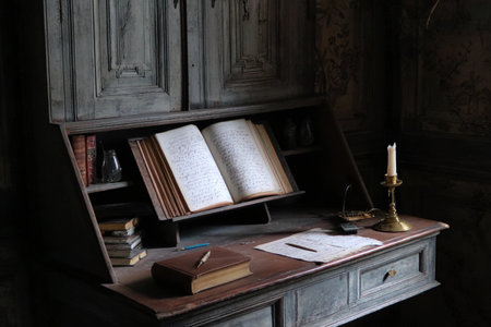 A wooden writing desk shows open ledgers and a candle in a dark room with walls decorated with art.の素材