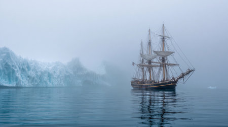 A ship is trapped inside a big iceberg with fog covering the water around it.の素材
