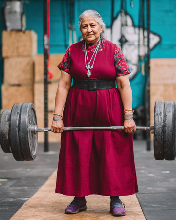 A grandma is deadlifting heavy weights at a gym during the morning. She shows strength and focus.の素材