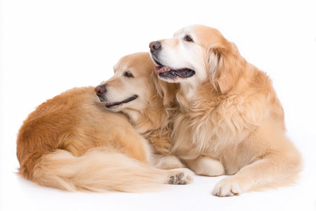 Golden retrievers are cuddling close together on soft white fur in a indoor setting.の素材