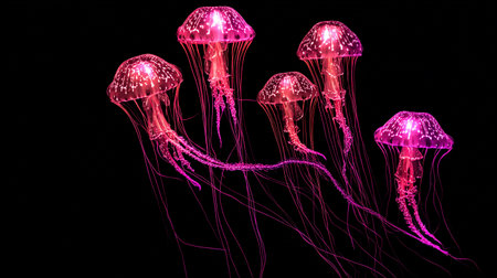 Softly glowing jelly organisms float in air, creating a glowing display in the dark.の素材