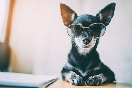 A dog with sunglasses sits on an office desk looking around while papers are nearby and light streams in.の素材